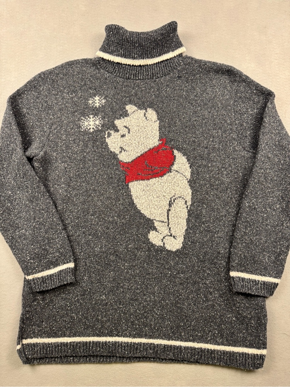 Vtg Disney Store Winnie The Pooh Snowflake Gray Turtleneck Sweater Size Small